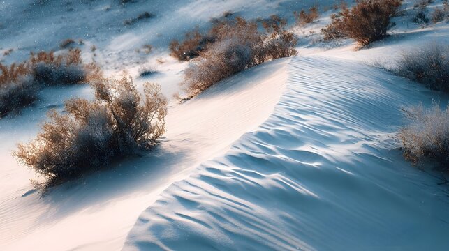 Snow dusted desert dunes with rippling patterns and sparse shrubs sculpted by the wind under a cool atmospheric sky