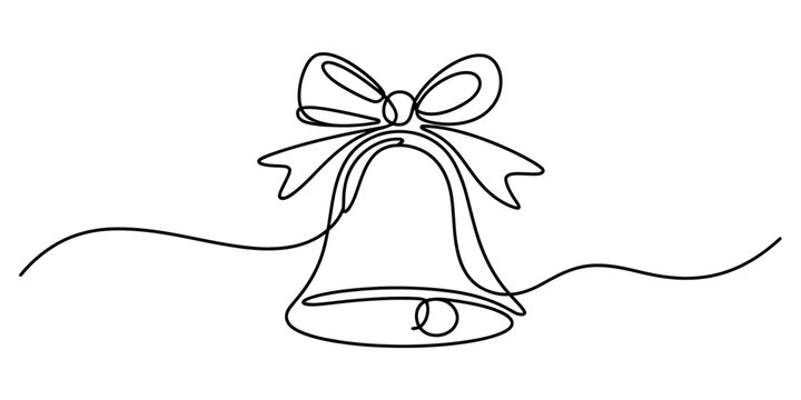 Continuous line drawing of a festive christmas bell with a decorative bow, elegant minimalist holiday design, single stroke art illustration, black outline vector - Powered by Adobe