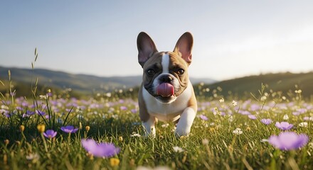 Happy french bulldog puppy running in a field of flowers at sunset