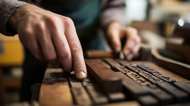 Hands carefully arrange vintage letterpress blocks. The craftsman's focused touch showcases the artistry & precision of antique printing techniques. Craft, retro & artistry.