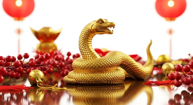 Golden snake statue with chinese new year decorations isolated on white background