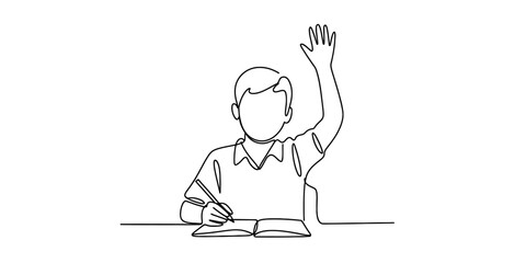 Continuous line drawing of a person sitting at a desk, writing in a book, and raising a hand, symbolizing active participation, engagement, learning, and interaction in school.