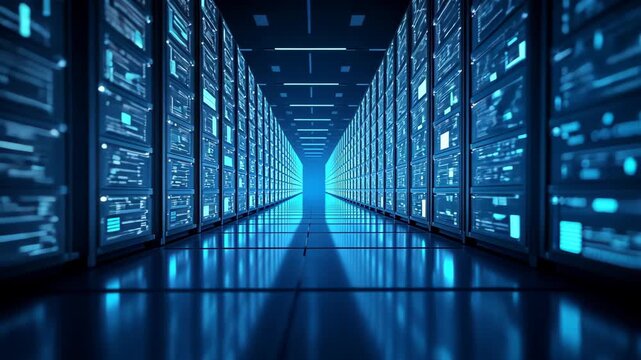 Abstract background showcasing a vast AI-powered archive with endless rows of glowing data cabinets. The deep blue cybernetic glow, futuristic atmosphere, massive digital information storage.