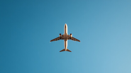 A white passenger plane soars through a clear, blue sky, capturing a sense of freedom and travel. The aircraft appears small against the vast expanse, evoking a feeling of awe.