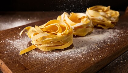 fresh homemade pappardelle pasta is sprinkled with flour on wooden board ready to be cooked