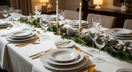 Fototapeta premium Elegantly Set Dining Table for Christmas Dinner with Candles and Pine Cones Keywords: Christmas, dining table, table setting, elegant, formal