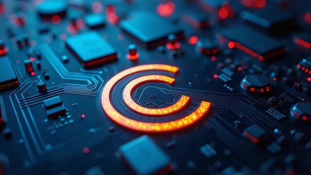 Golden copyright symbol deeply engraved onto an dvanced electronic circuit board. The board glows with neon blue and red lights, digital rights, technology patents, intellectual property