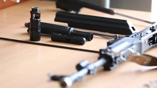 Close-up of an AK-style assault rifle disassembled into its component parts, including the barrel, gas tube, and receiver cover, resting on a wooden table for maintenance.