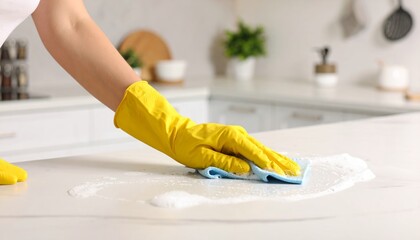 Hands in bright yellow rubber gloves confidently move a blue sponge along a snow-white kitchen counter, leaving shining trails of foam behind them.