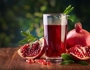 pomegranate juice and pieces of pomegranate fruit are sitting on a wooden table