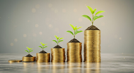 Golden coin stack with a sprouting tree on marble, sunrise gradient symbolizing growth and wealth management