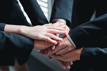 Obraz premium Concept, meeting, team applauds for success and presentation in the conference room, support, teamwork, many people join together to applaud and agree to the business meeting.