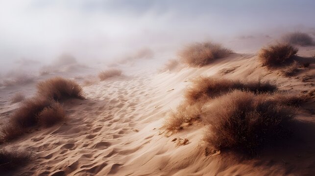 Atmospheric desert landscape with sand dunes dry shrubs and rolling fog under soft light