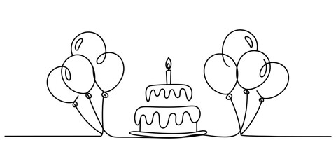 Continuous line drawing of a two-tier birthday cake with a burning candle, flanked by two floating balloon clusters, creating a minimalist celebratory design for special occasions.