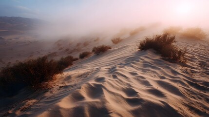Ethereal desert landscape with rolling sand dunes sparse vegetation and soft morning mist at sunrise