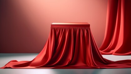 elegant red silk cloth draped over square pedestal creating luxurious display for product presentation or award ceremony