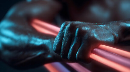 Futuristic Arm with Neon Lights", "Muscle Power and Neon Tubes", "Human Hand Holding Neon Lights