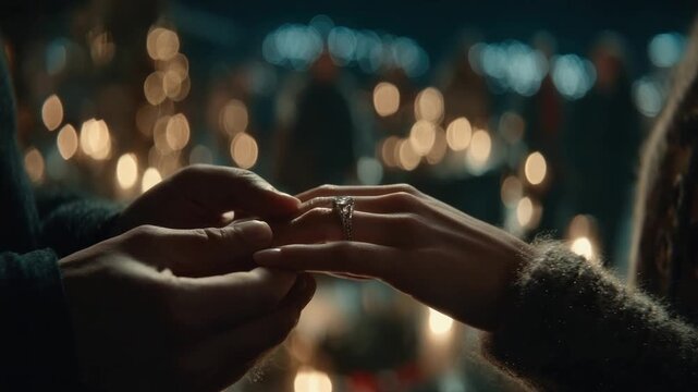 Close-up of hands exchanging a ring in a dimly lit setting. Soft light from candles creates a warm ambiance