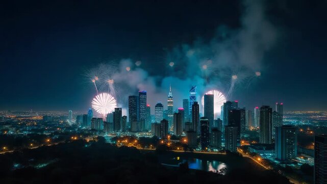 Bright fireworks exploding over modern city skyline at night with glowing lights across urban landscape and reflections of celebration in distant water