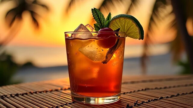 Classic Mai Tai cocktail served in a vintage tiki glass, garnished with a fresh mint sprig, lime wedge, and a maraschino cherry. The drink is on a bamboo mat, with a tropical sunset and palm trees
