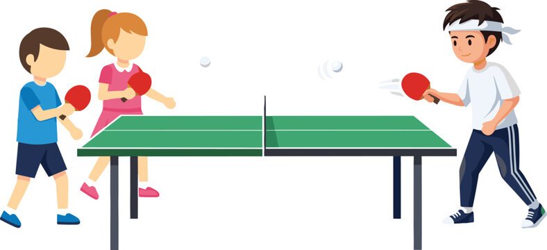 Cartoon table tennis illustration showing three players competing in doubles versus singles match, active gameplay, teamwork, sports recreation, competitive ping pong