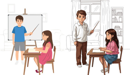 Children and adults teaching at home with books and whiteboard, educational illustration showing learning, guidance, responsibility, family study, classroom concept