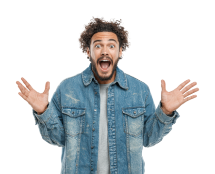 Excited man celebrating in portrait joyful vibe isolated on transparent background - Powered by Adobe