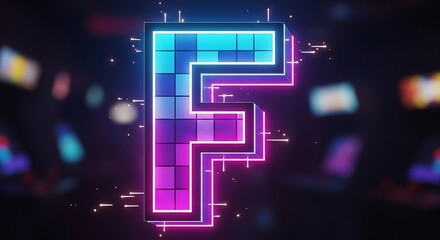 Neon Outline Letter F with Pixelated Grid and Glowing Particles, Digital Technology Concept