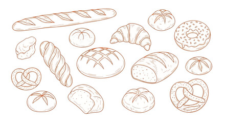 Various baked goods isolated on white background in a sketch style drawing