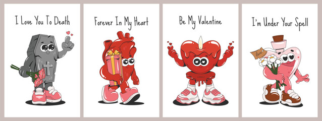 Fototapeta premium Valentine's day greeting card collection. Flyer, poster, banner design set with groovy cartoon characters. Heart, candle, love potion. Vector illustration.