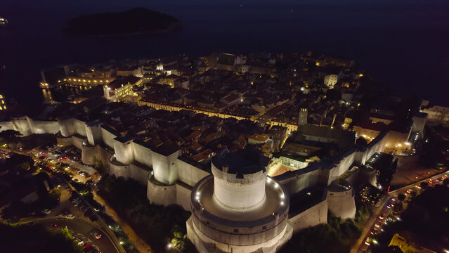 Aerial Night View of Minceta Tower on Dubrovnik City Walls Croatia