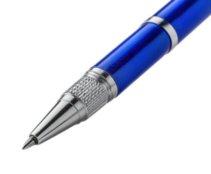 Creative writing tools blue pen office desk focused view isolated on transparent background
