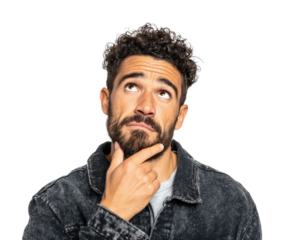 Contemplative man thinking deeply portrait isolated on transparent background