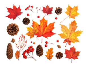 Artistic depiction of various autumn elements against a solid black background