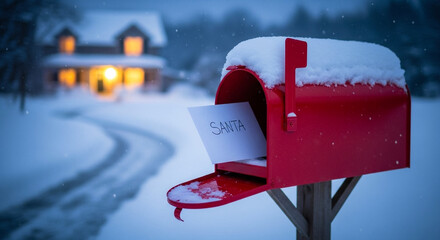 Letter to Santa in Red Mailbox by Snowy Path, Christmas Tradition and Holiday Wishes