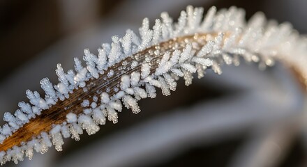 Macro shot of frost crystals forming delicate patterns on a dry plant stem in winter close-up