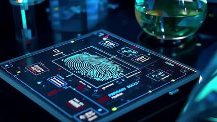 Fingerprint scan on glowing tablet screen with DNA helix in laboratory flask - Powered by Adobe