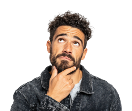 Contemplative man thinking deeply portrait isolated on transparent background