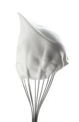 Whisk with whipped egg whites isolated on white
