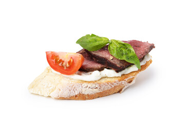 Delicious bruschetta with roast beef, cream cheese, tomato and basil isolated on white