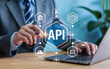 Businessman Integrating Digital API Interface Icon with Hexagonal Network Diagram over Laptop for Software Development and Data Exchange