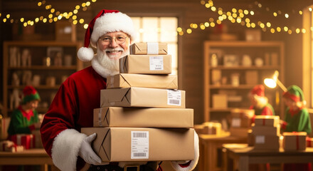 Santa receiving online order packages in workshop with elves, holiday gift distribution