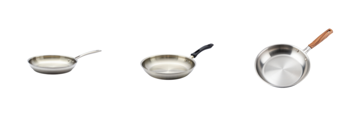 Three stainless steel saucepans with handles isolated on transparent background