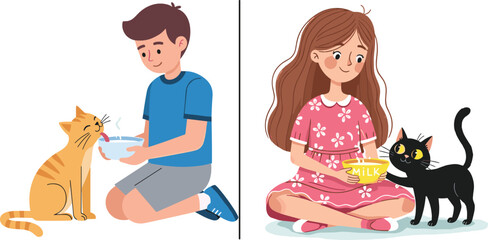 Children feeding cats with kindness and love, boy offering milk to orange tabby, girl sharing bowl with black kitten © Itz Joydip