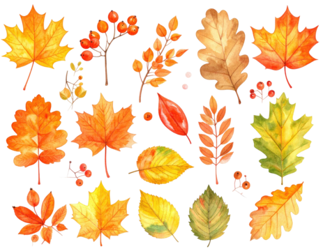Watercolor illustration of assorted vibrant autumn leaves and berries on a transparent background