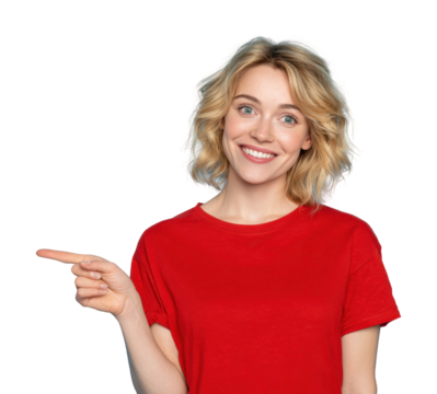 Engaging woman pointing with a smile portrait isolated on transparent background