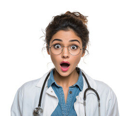 Surprised doctor in lab coat medical office portrait shock isolated on transparent background