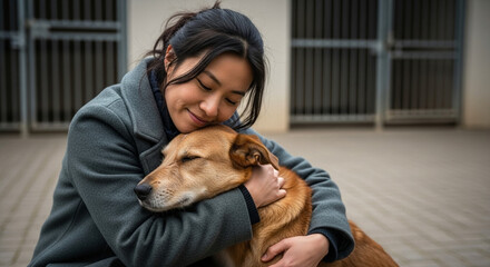 Woman hugging rescue dog in animal shelter courtyard, promoting pet adoption and companionship