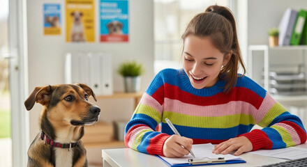 Girl signing pet adoption papers in animal shelter office, joyful pet adoption process