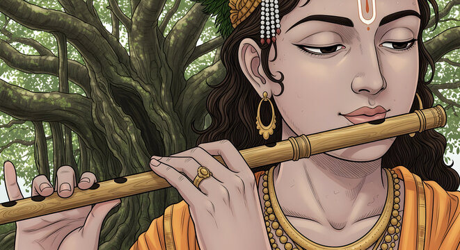 Lord Krishna Playing Flute (Murali) Under a Banyan Tree, Detailed Digital Illustration of Hindu Deity